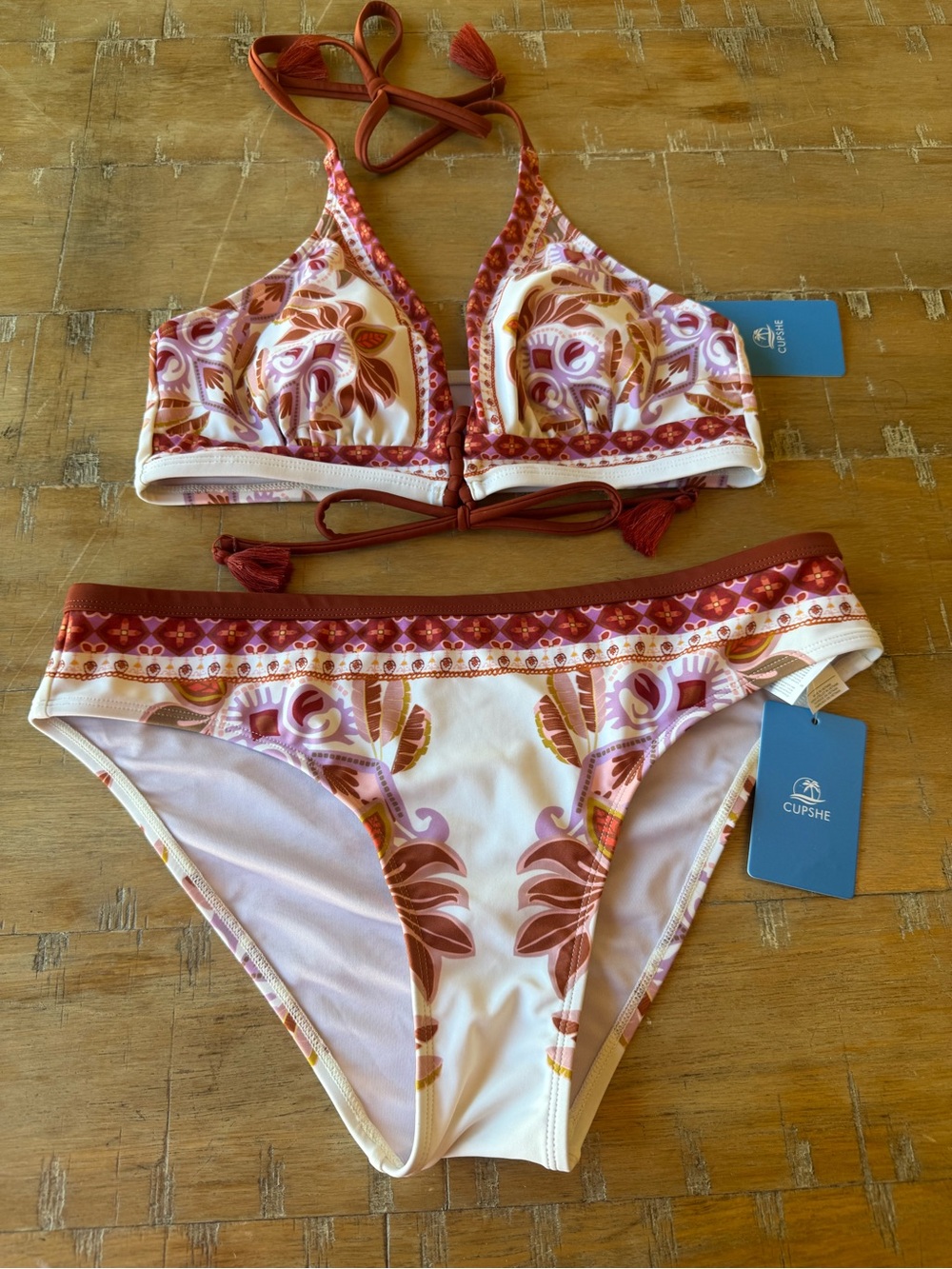 NWT Cupshe Pink & Brown Printed Halter Bikini Two-Piece with Tassels